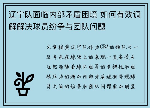 辽宁队面临内部矛盾困境 如何有效调解解决球员纷争与团队问题