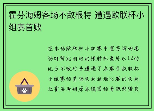 霍芬海姆客场不敌根特 遭遇欧联杯小组赛首败