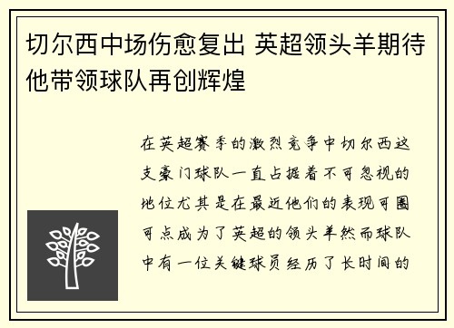 切尔西中场伤愈复出 英超领头羊期待他带领球队再创辉煌