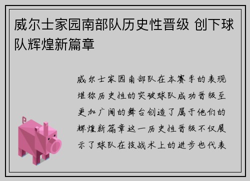 威尔士家园南部队历史性晋级 创下球队辉煌新篇章